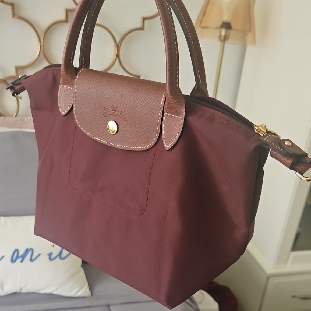 Longchamp Burgundy Tote with Brown Leather